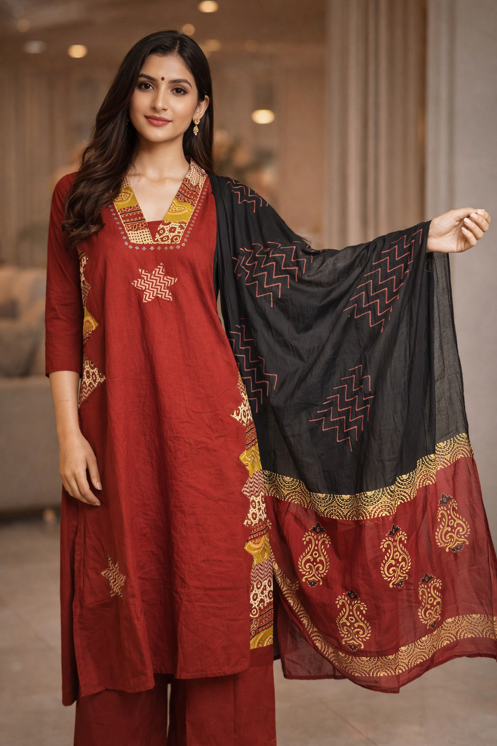 Rust Red Printed Kurta Set with Black Dupatta for Women (SWDH11)