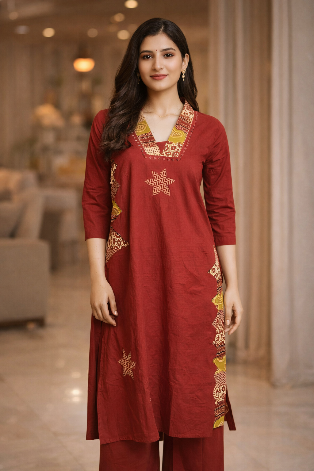 Rust Red Printed Kurta Set with Black Dupatta for Women (SWDH11)