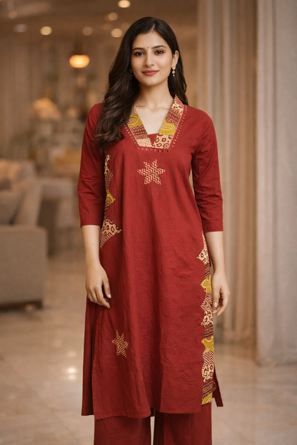 Rust Red Printed Kurta Set with Black Dupatta for Women (SWDH11)