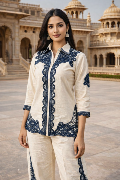 Elegant Ivory & Navy Embroidered Co-Ord Set for Women (SWDH07)