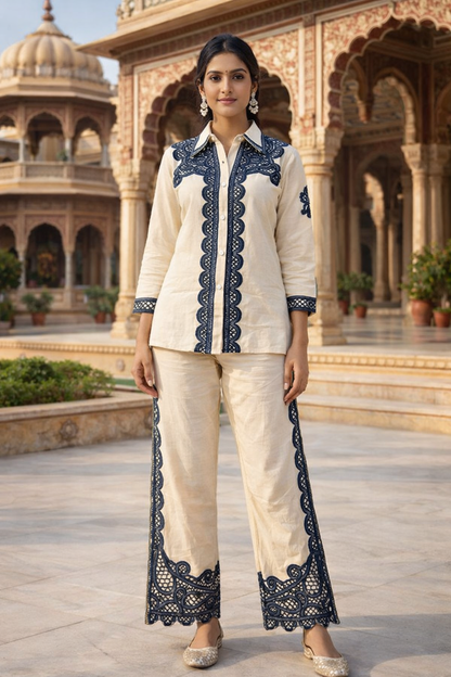 Elegant Ivory & Navy Embroidered Co-Ord Set for Women (SWDH07)