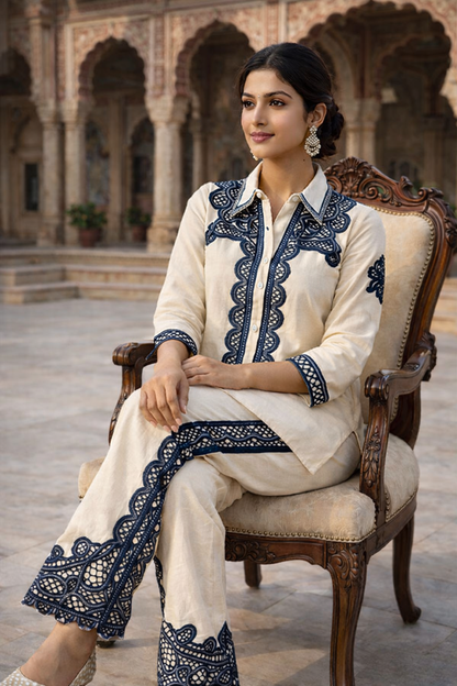 Elegant Ivory & Navy Embroidered Co-Ord Set for Women (SWDH07)