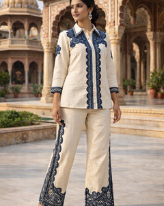Elegant Ivory & Navy Embroidered Co-Ord Set for Women (SWDH07)