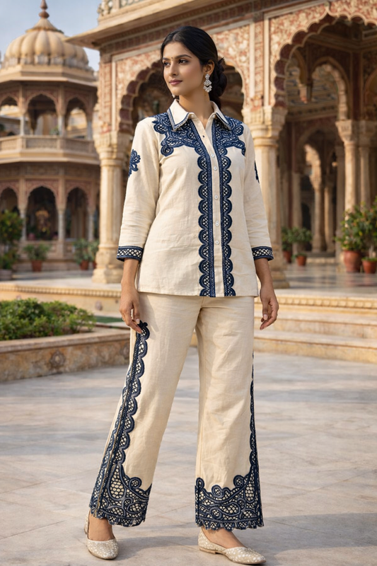 Elegant Ivory & Navy Embroidered Co-Ord Set for Women (SWDH07)