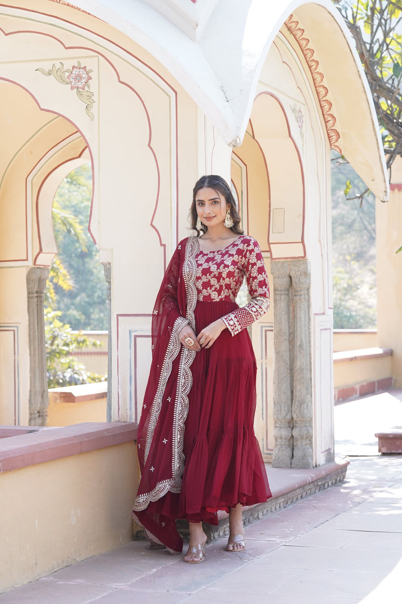 Tilton  Faux Blooming gown with Viscose Dyable Jacquard With Sequins Embroidered Work Faux Blooming Dupatta