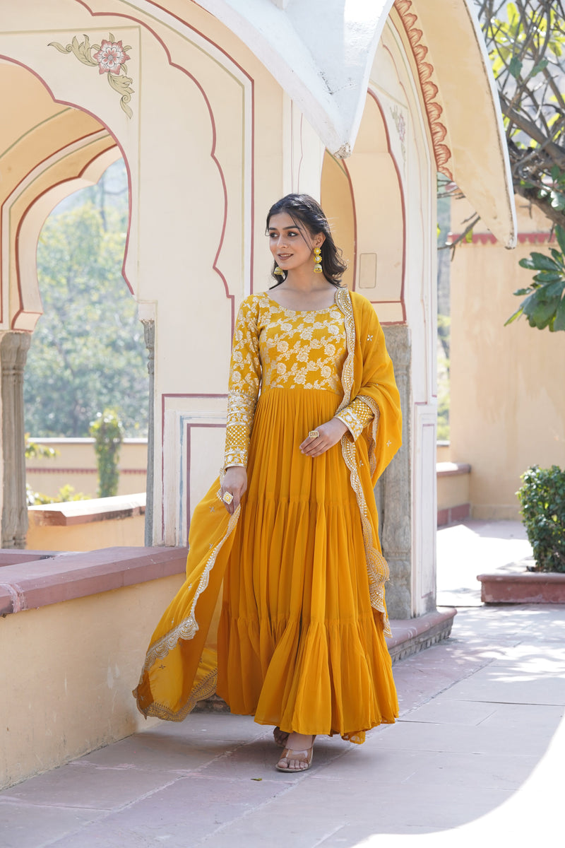 Tilton  Faux Blooming gown with Viscose Dyable Jacquard With Sequins Embroidered Work Faux Blooming Dupatta