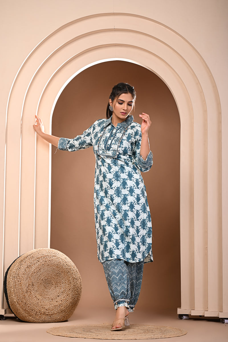 Kurta and pant set in Collar style can be also used as Co-Ord sets with Full Heavy Chavvani lace work.