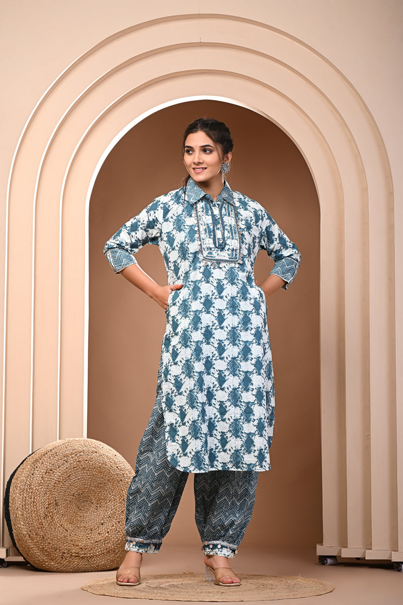 Kurta and pant set in Collar style can be also used as Co-Ord sets with Full Heavy Chavvani lace work.