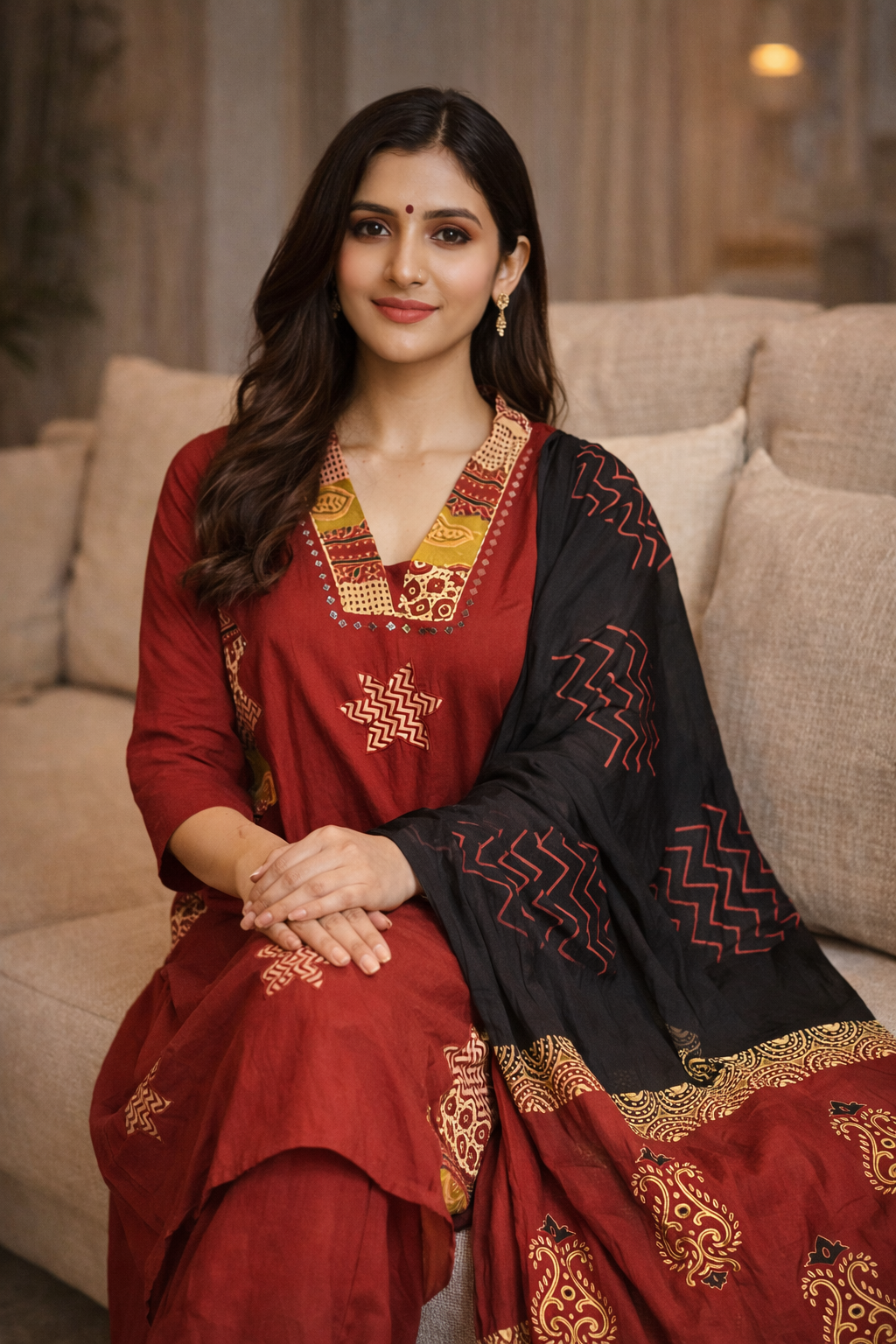 Rust Red Printed Kurta Set with Black Dupatta for Women (SWDH11)