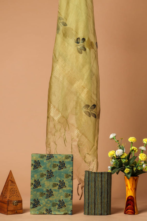 Elegant Hand Block Print Cotton Suit Set with Organza Dupatta (SWORG03)