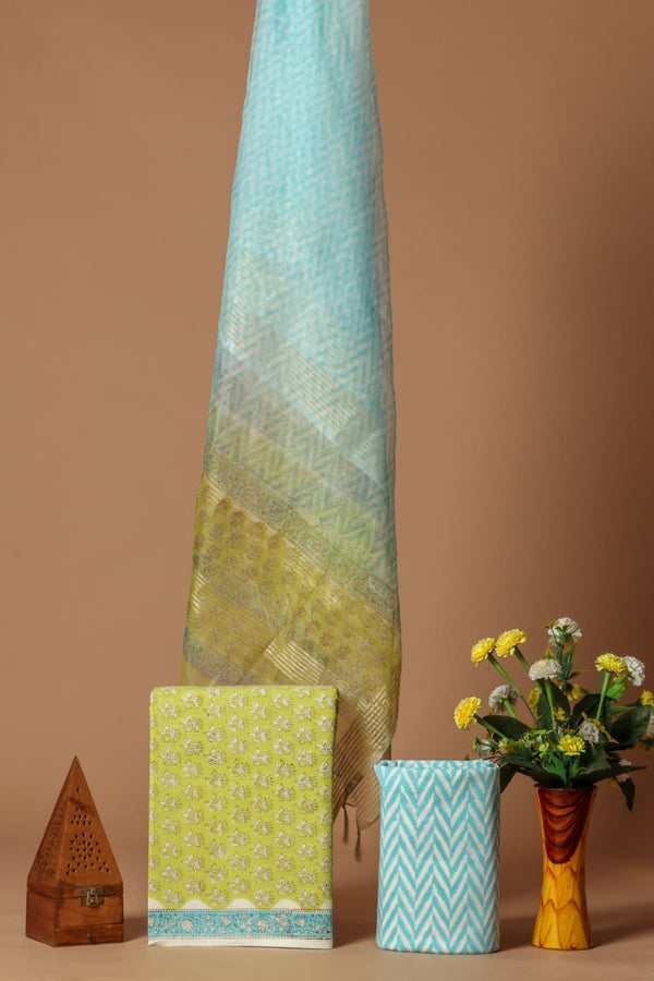 Elegant Hand Block Print Cotton Suit Set with Organza Dupatta (SWORG04)