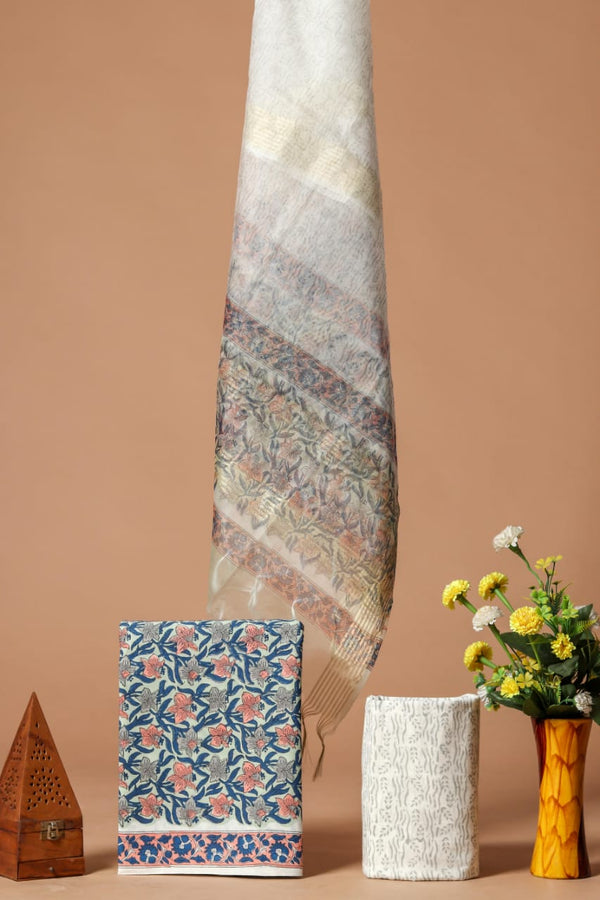 Elegant Hand Block Print Cotton Suit Set with Organza Dupatta (SWORG05)