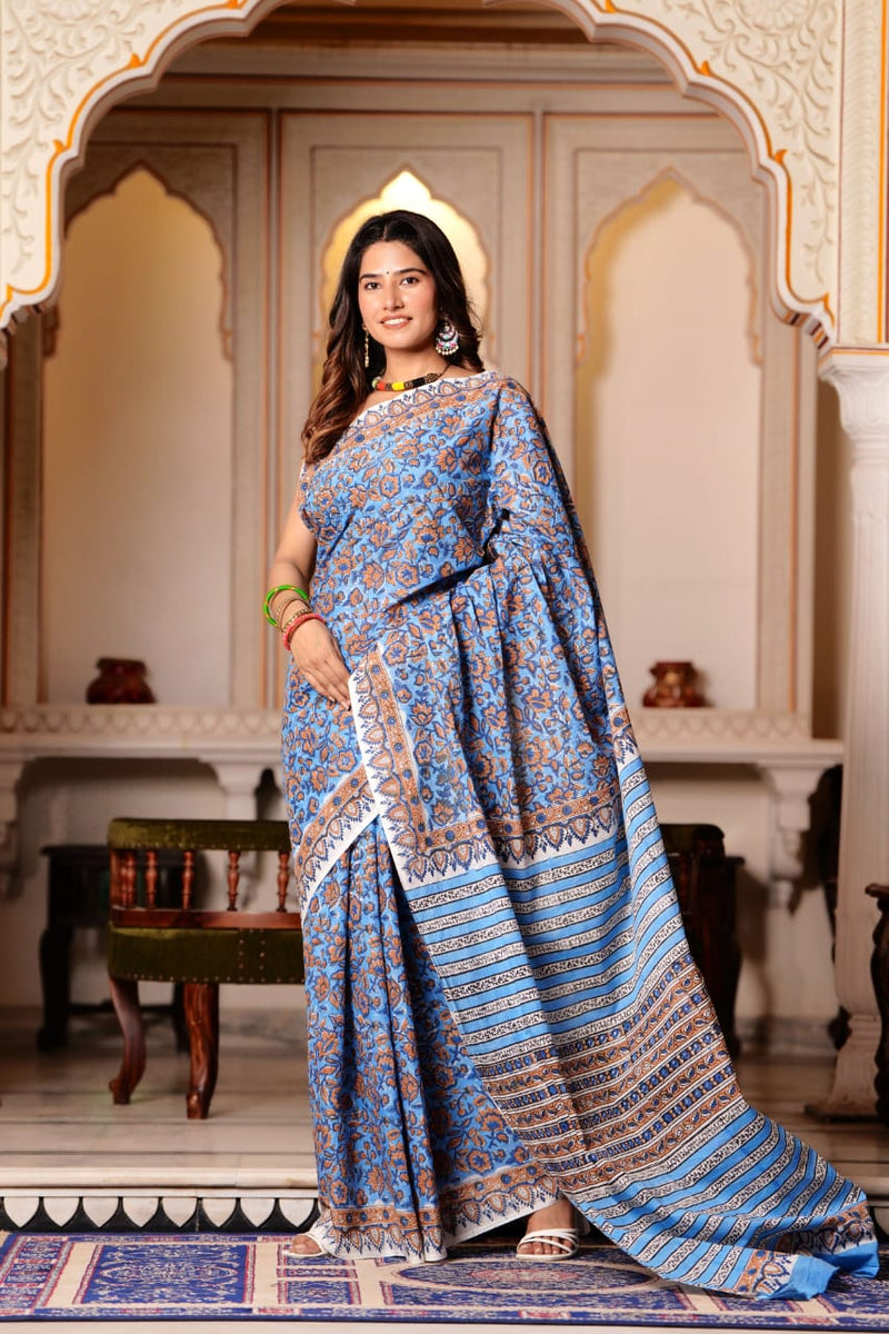 Traditional Authentic Hand Block Printed Pure Organic Cotton Sarees With matching Blouse.