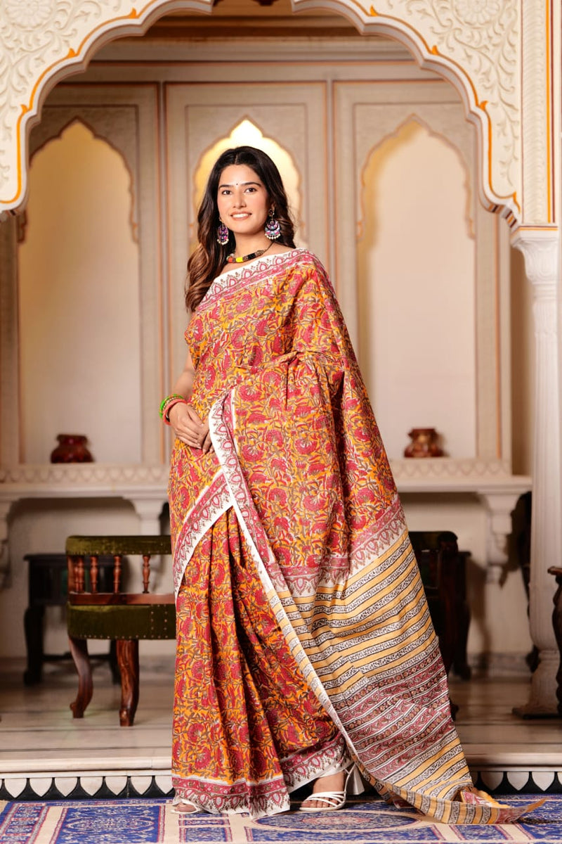 Traditional Authentic Hand Block Printed Pure Organic Cotton Sarees With matching Blouse.
