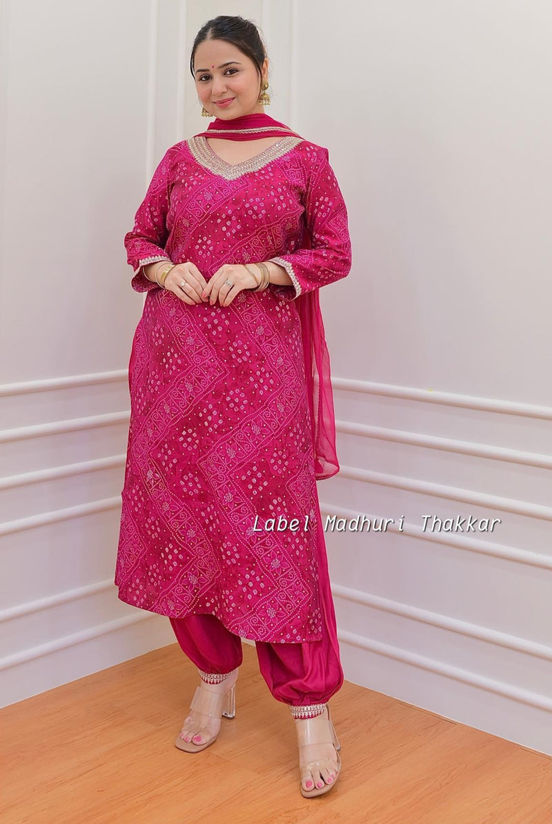 Featuring Beautiful Afghani Suit Set which is decorated with finest handwork and Bandhani prints.