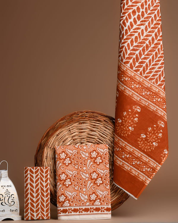 Designer Hand Block Print Cotton Suit Set with Mulmul Dupatta
