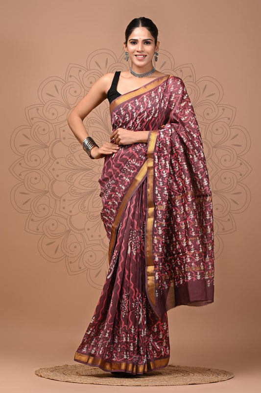 Exclusive Hand Block Printed Maheshwari Silk Saree (SWSRMAH63)