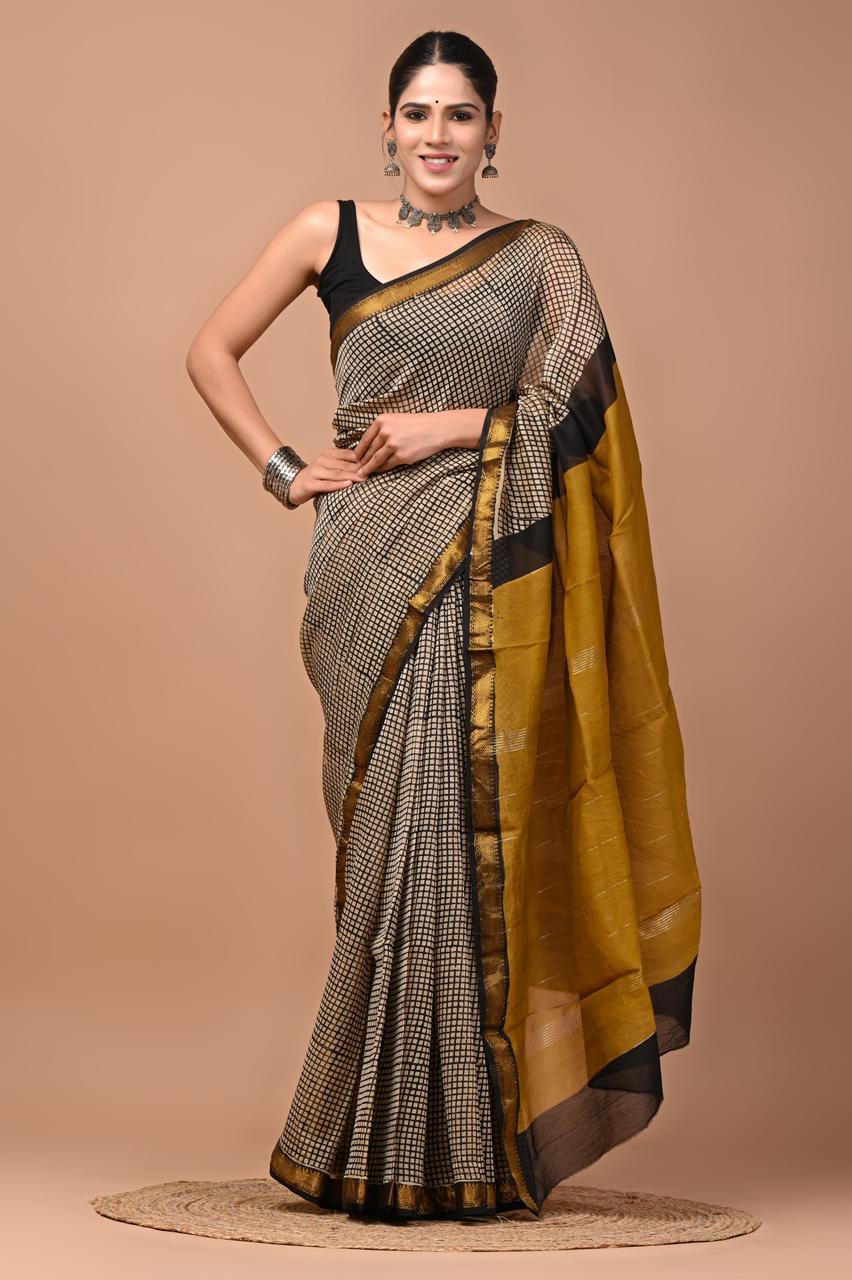 Exclusive Hand Block Printed Maheshwari Silk Saree (SWSRMAH01)