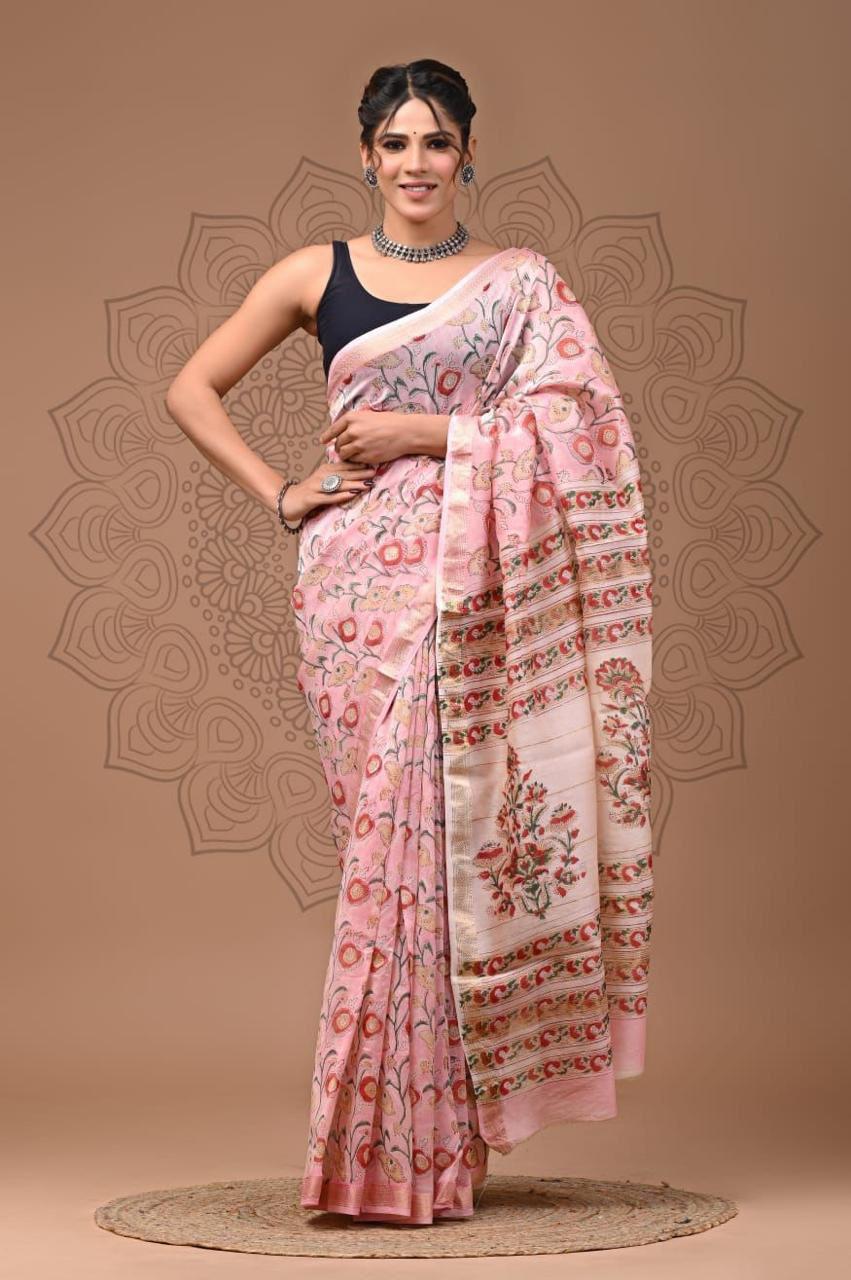 Exclusive Hand Block Printed Maheshwari Silk Saree (SWSRMAH01)