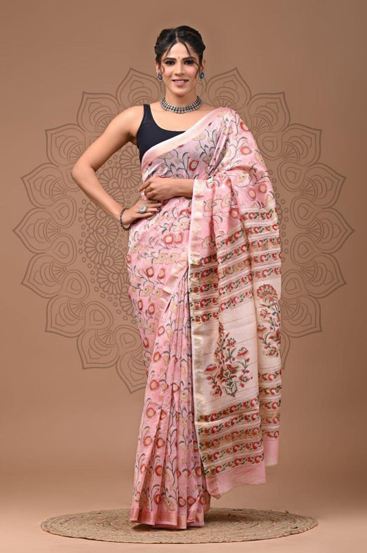Exclusive Hand Block Printed Maheshwari Silk Saree (SWSRMAH01)