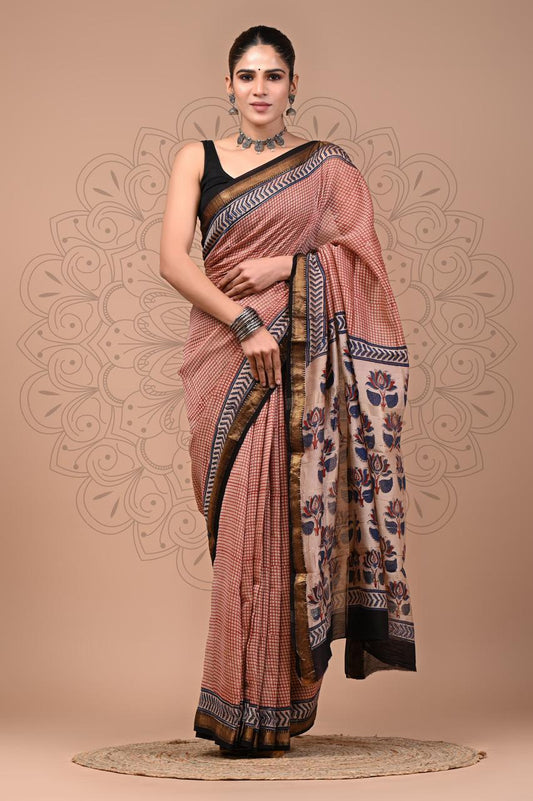 Exclusive Hand Block Printed Maheshwari Silk Saree (SWSRMAH01)