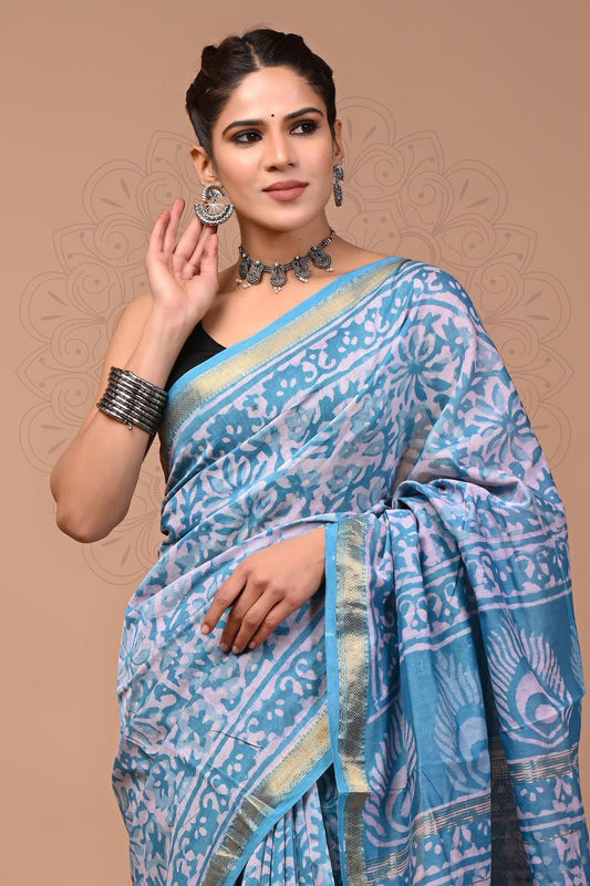 Exclusive Hand Block Printed Maheshwari Silk Saree (SWSRMAH01)
