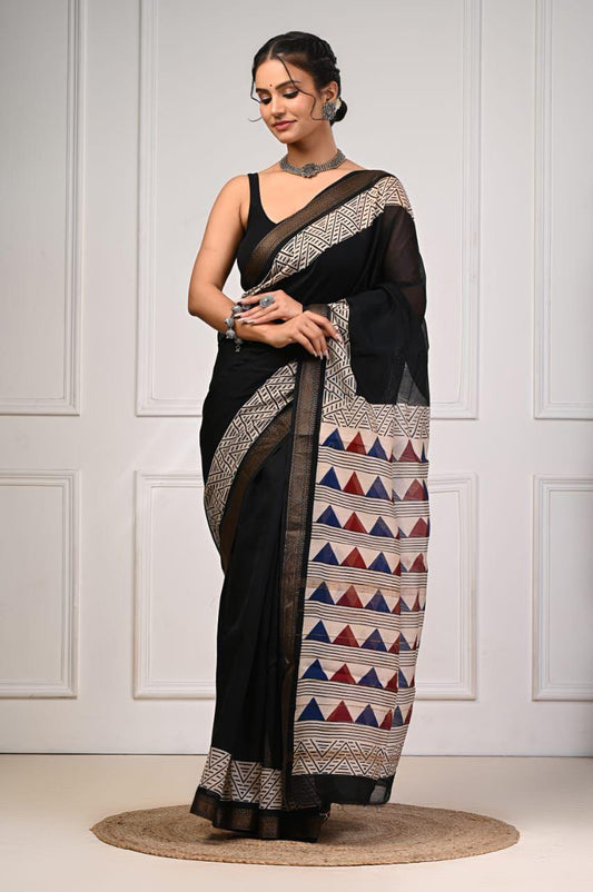 Exclusive Hand Block Printed Maheshwari Silk Saree (SWSRMAH01)