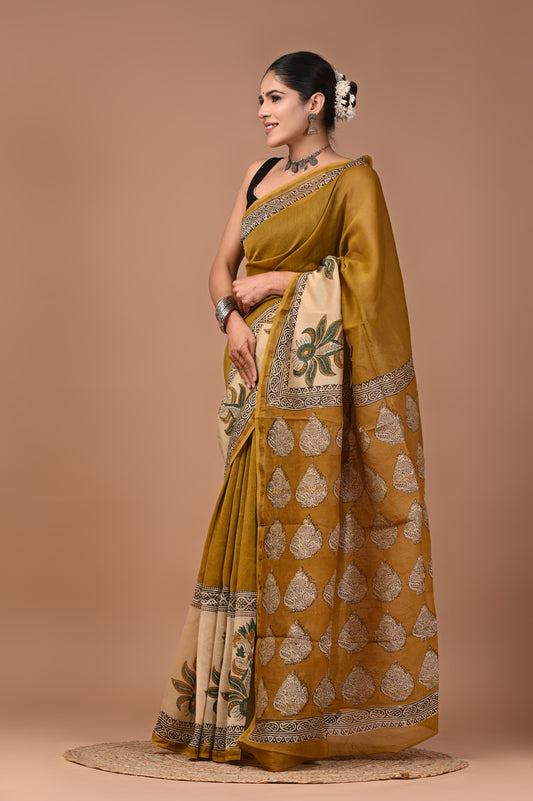 Premium Hand Block Printed Chanderi Silk Saree (SWSRCHACH17)