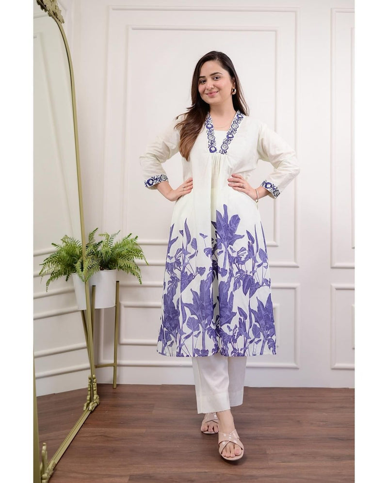 Look stylish in our new Hand Block print Long slit Cotton 60'60 A,line kurta pant set for all day comfort