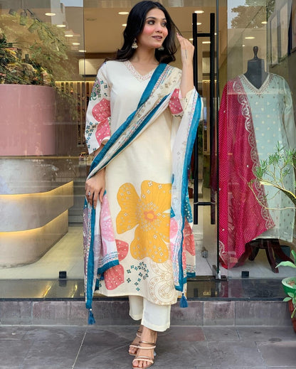 Launching Summer Cool, Comfortable And Attractive Softest Muslin Suit Set Which Is Beautifully Decorated With Hand Embroidery And Thread Work. It Is Paired With Matching Pants And Dupatta