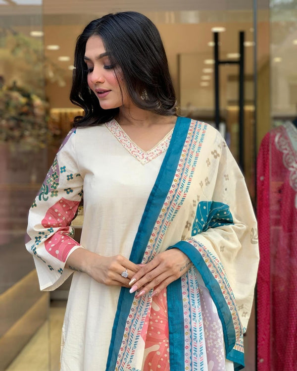 Launching Summer Cool, Comfortable And Attractive Softest Muslin Suit Set Which Is Beautifully Decorated With Hand Embroidery And Thread Work. It Is Paired With Matching Pants And Dupatta