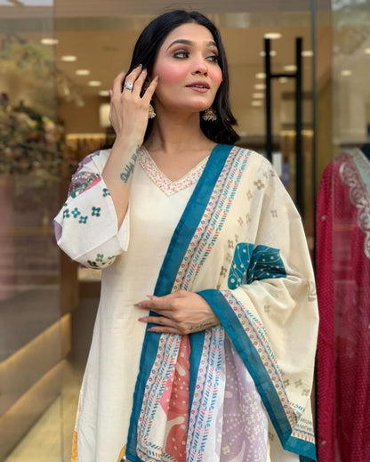 Launching Summer Cool, Comfortable And Attractive Softest Muslin Suit Set Which Is Beautifully Decorated With Hand Embroidery And Thread Work. It Is Paired With Matching Pants And Dupatta