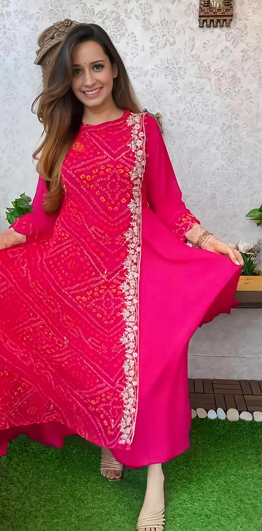 Export Pure Chinnon Silk Long Gown With Bhandej Heavy Hand Work Double Layer (RD026)