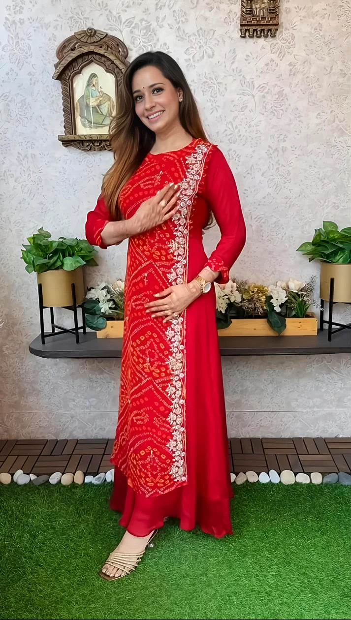 Export Pure Chinnon Silk Long Gown With Bhandej Heavy Hand Work Double Layer (RD027)