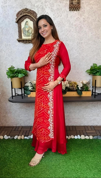 Export Pure Chinnon Silk Long Gown With Bhandej Heavy Hand Work Double Layer (RD027)