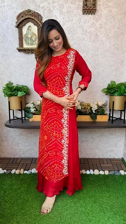 Export Pure Chinnon Silk Long Gown With Bhandej Heavy Hand Work Double Layer (RD026)