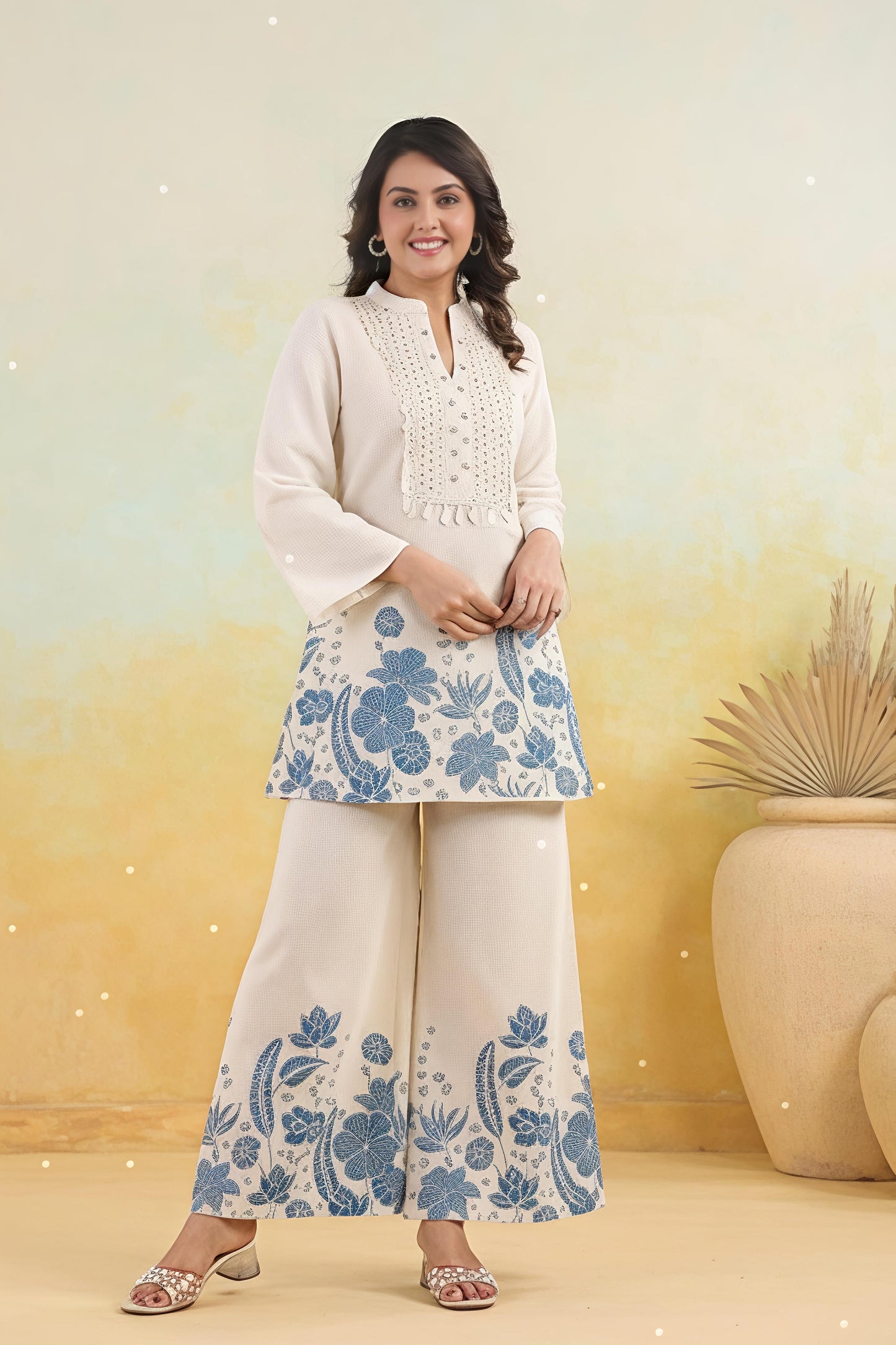 Elegant Off-White Printed Kurta Set with Wide-Leg Palazzo(SWSK48)