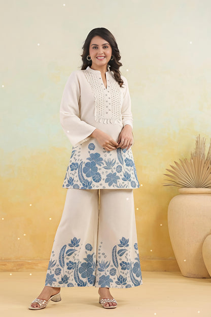 Elegant Off-White Printed Kurta Set with Wide-Leg Palazzo(SWSK48)