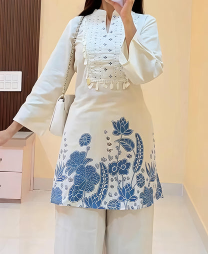 Elegant Off-White Printed Kurta Set with Wide-Leg Palazzo(SWSK48)