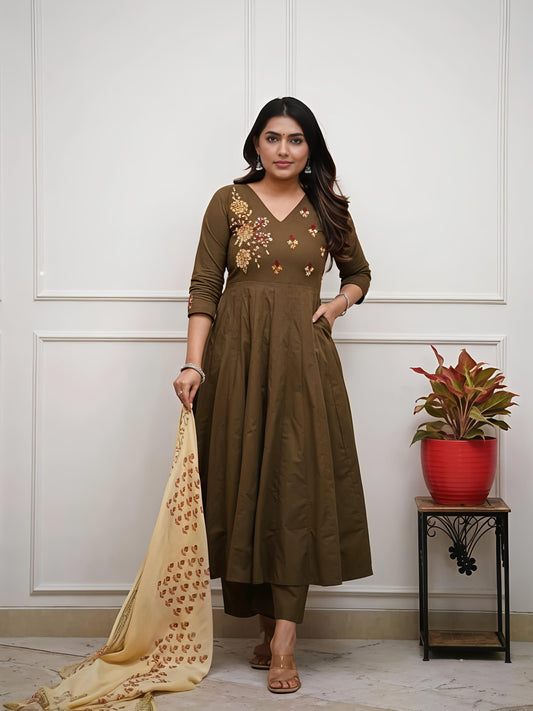 Elegant Olive Green Embroidered Anarkali Kurta Set with Printed Dupatta(SWSK47)