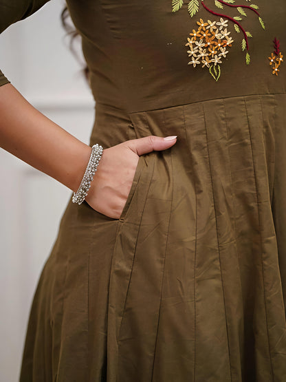 Elegant Olive Green Embroidered Anarkali Kurta Set with Printed Dupatta(SWSK47)