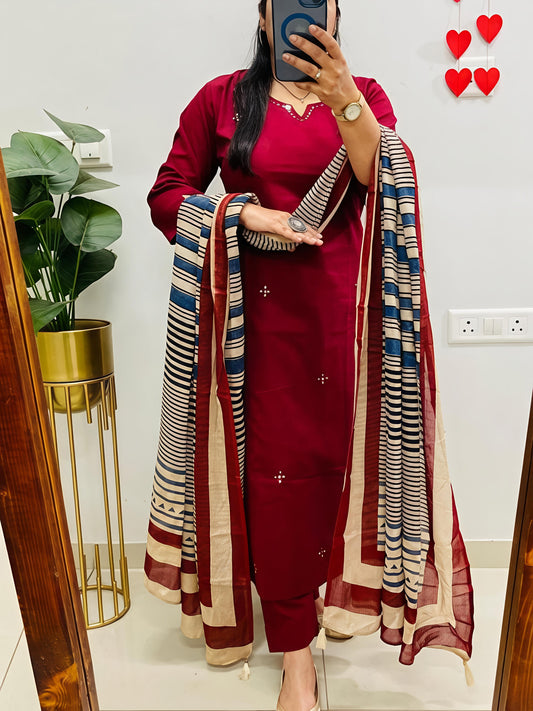 Elegant Kurta Set with Handcrafted Striped Dupatta(SWSK46)