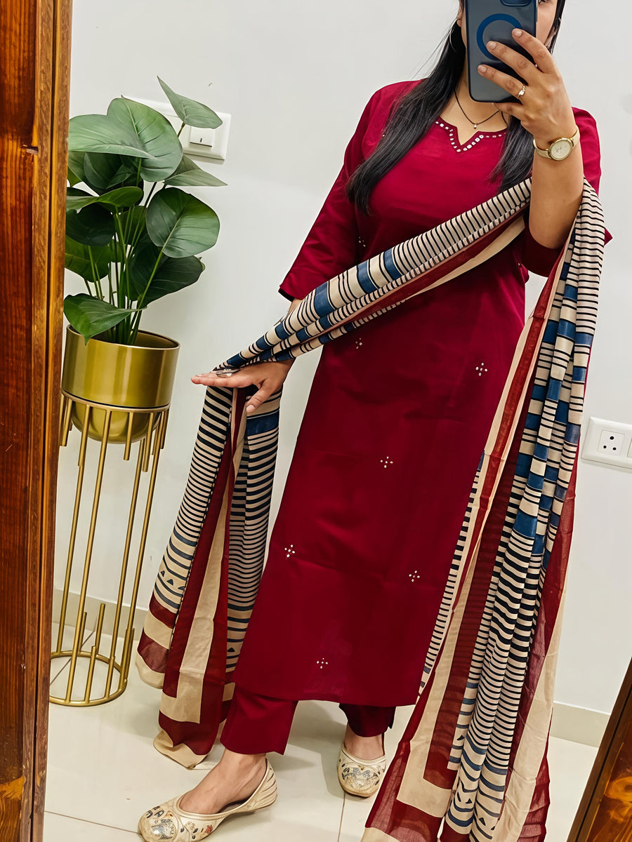 Elegant Kurta Set with Handcrafted Striped Dupatta(SWSK46)
