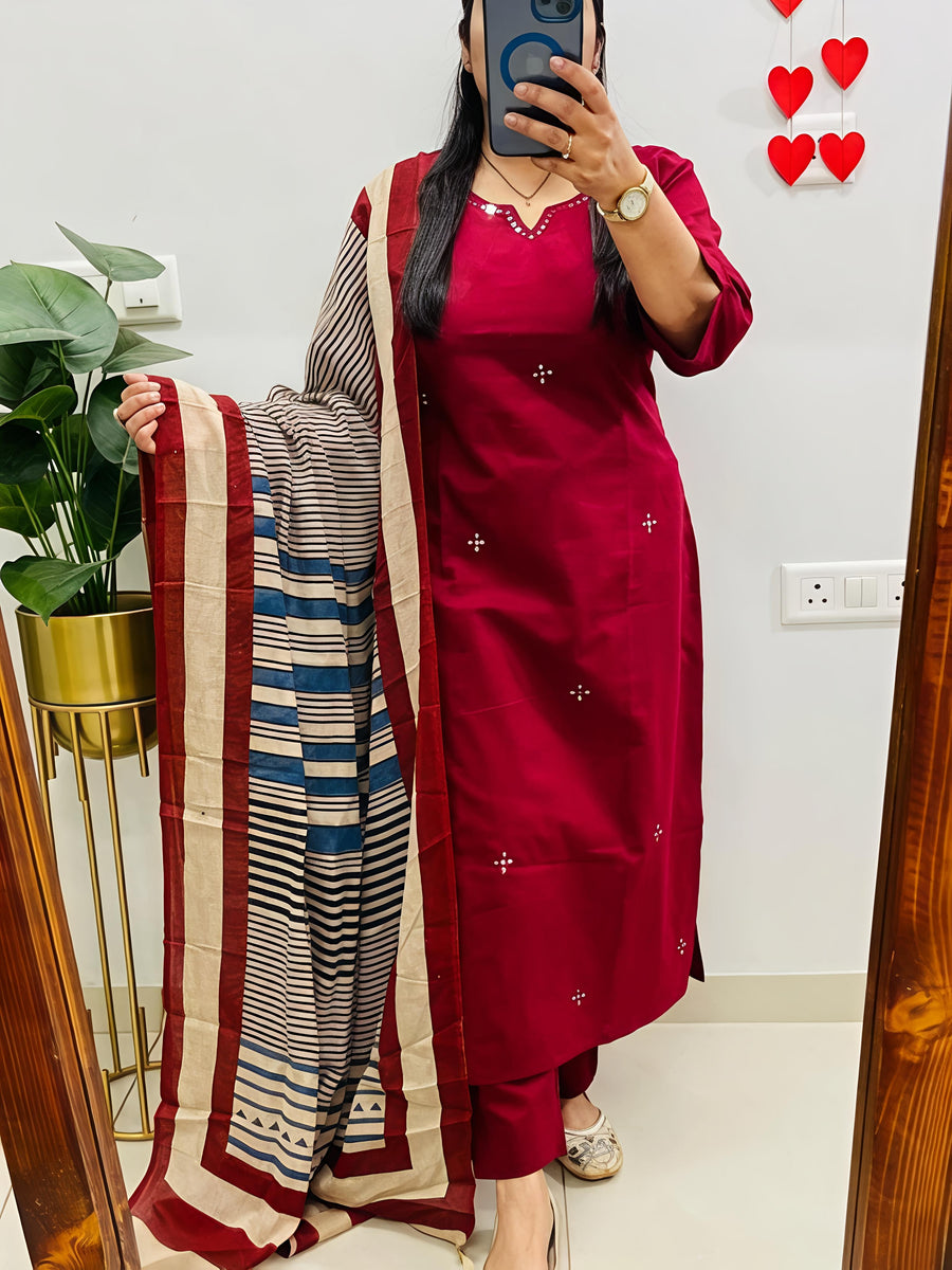 Elegant Kurta Set with Handcrafted Striped Dupatta(SWSK46)