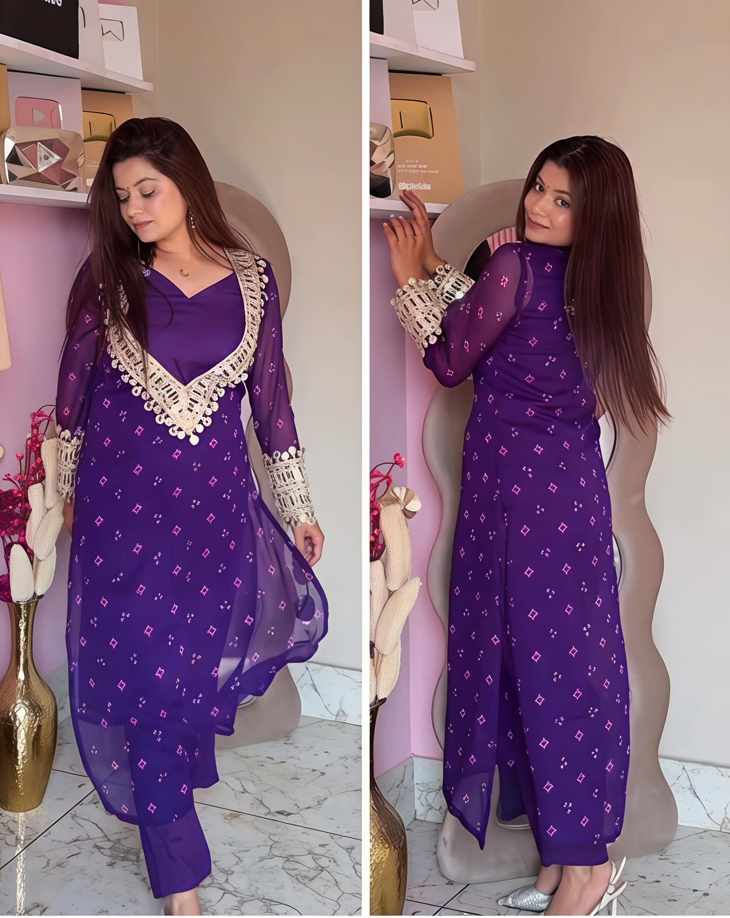 Velvet Charm Embroidered Kurta Set (Purple & Pink) 💜❤️(RD39)