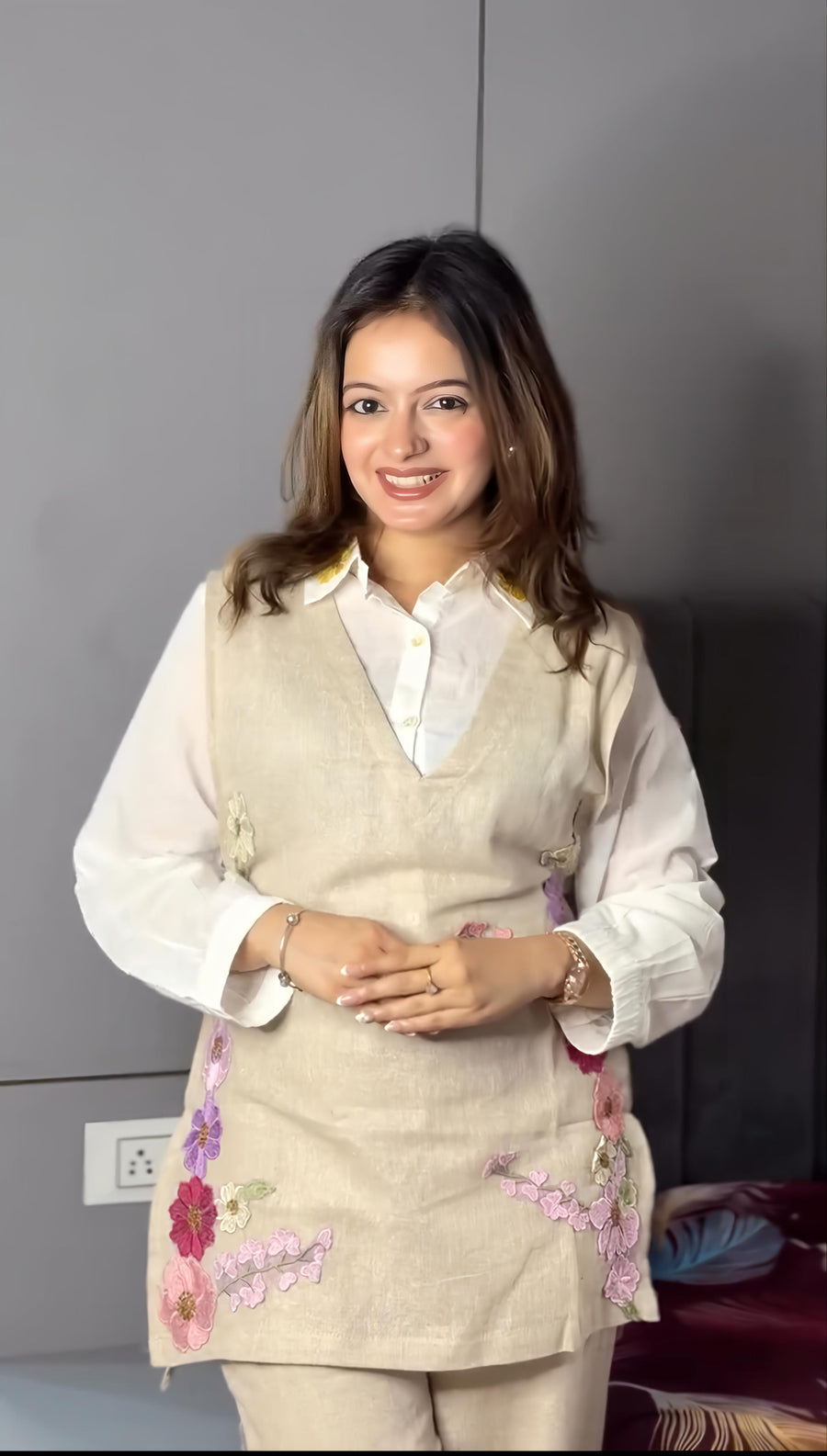 Elegant Floral Embroidered Shirt Style Co-Ord Set (RD75)
