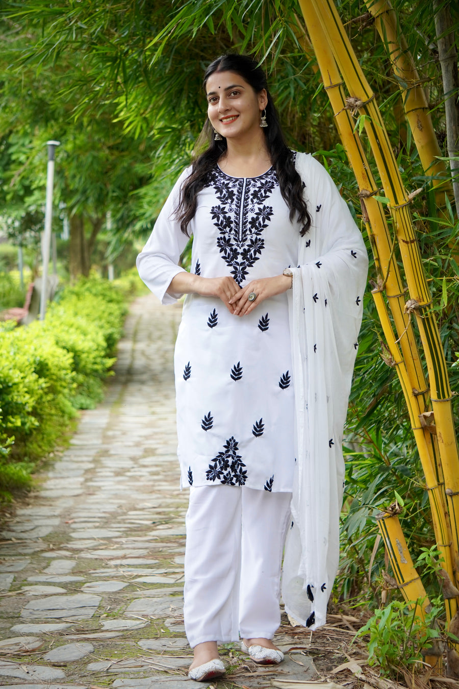 Women's Floral Embroidered Cotton Suit Set with Dupatta (RRRD49)