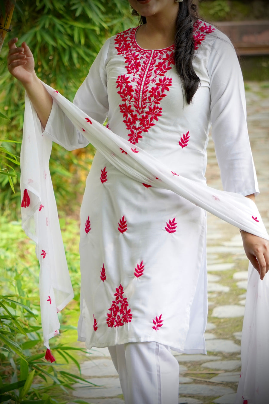 Women's Floral Embroidered Cotton Suit Set with Dupatta (RRRD49)