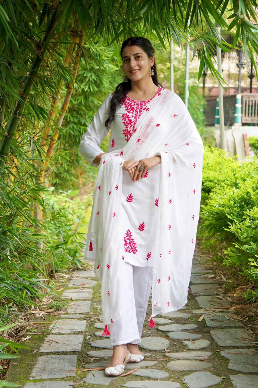 Women's Floral Embroidered Cotton Suit Set with Dupatta (RRRD49)