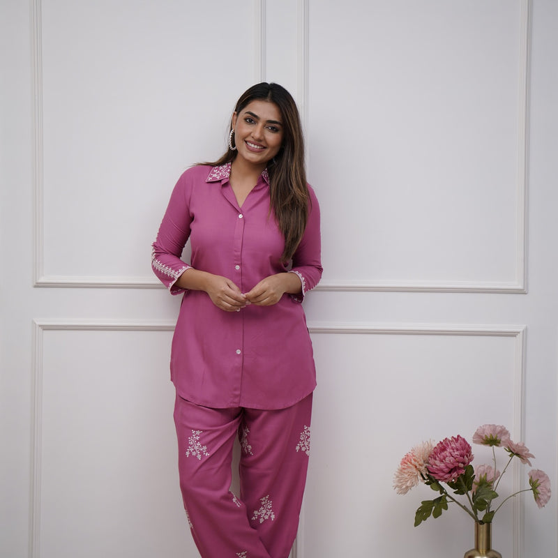 Look stylish and trendy walk in comfort with our new co-rd set with beautiful embroidery detailing